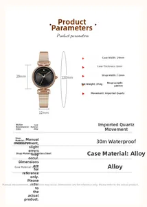 Detailed specifications of the rose gold women's watch with quartz movement and mesh strap