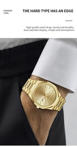 Detailed view of luxury gold steel watch with octagonal bezel on a wrist