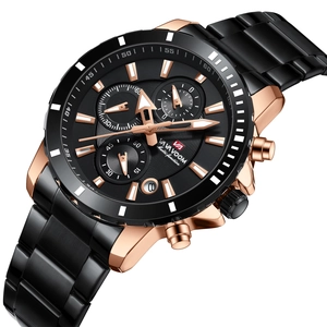 Men's chronograph business watch in black and rose gold stainless steel with date display