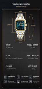 Fiche technique détaillée pour montre homme montrant dimensions et mouvement quartz
