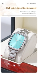 Detailed macro view of the square turquoise dial watch with radiant sunray texture
