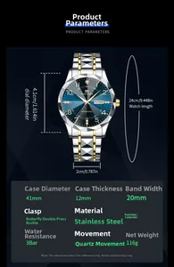 Detailed size specifications for men's business watch with 41mm blue sunray dial face