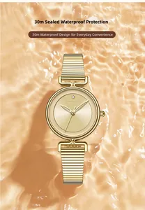Elegant gold watch with 30m water resistance over a dynamic liquid gold background