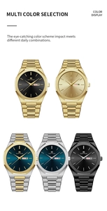 Detail showing various colors of men's quartz watch with octagonal bezel and steel band