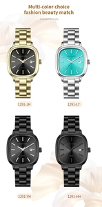 Detailed close-up showing four different color options of women's square quartz watches