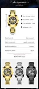 Detailed specs showing stainless steel strap and quartz movement on men's fashion watch