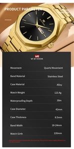Detail view of gold quartz men's watch with technical specifications and metal texture