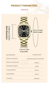 Detailed size specifications of the golden square stainless steel watch with black dial