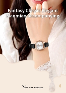 Elegante Damenuhr mit roségoldenem quadratischem Gehäuse und schwarzem Lederarmband