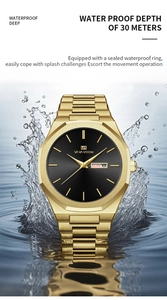 Detail of waterproof gold business watch showing water splashing on the dial
