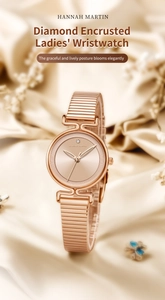 Detailed macro view of Hannah Martin rose gold watch with diamond on silk background