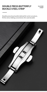 Detail of silver stainless steel butterfly clasp with double push button and durable design