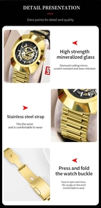 Detail of gold quartz watch with mineral glass, stainless steel band and folding clasp
