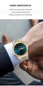 Close-up of men's business watch with octagonal gold bezel and calendar display