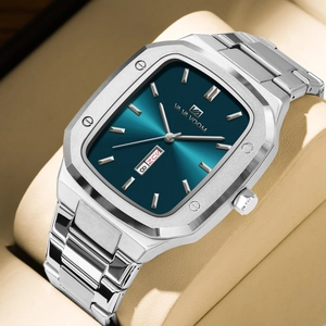 Business style men watch with silver steel strap and rectangular teal textured dial