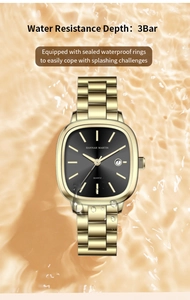 Detail shot of golden square quartz watch dial featuring date window and water ripples