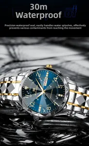 Macro detail of men's watch with double calendar and 30m waterproof steel construction