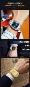Trois montres business carrées pour hommes portées avec costumes en finitions variées
