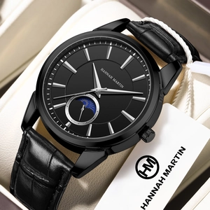 Hannah Martin Herren Business Quarzuhr mit schwarzem Lederarmband und Mondphasenanzeige