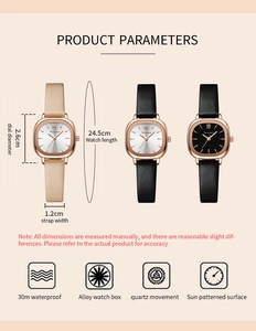 Detaillierte Maße der quadratischen Damen-Quarzuhr mit Lederarmband und Spezifikationen