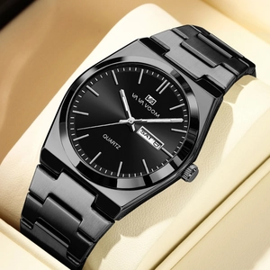Montre à quartz VA VA VOOM noire minimaliste pour homme avec index polis argentés