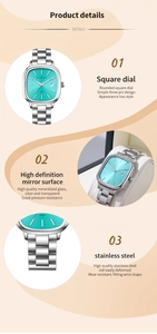 Detailed views of women's square watch with Tiffany blue dial and silver steel band
