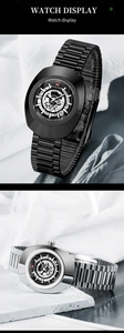 Detail of VAVA VOOM skeleton dial watches with stainless steel bands on stone pedestals