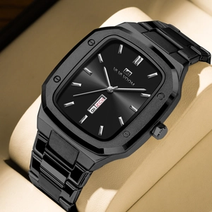 VA VA VOOM Men's Rectangle Business Watch in All Black Steel with Dual Calendar Display