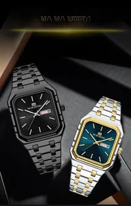 Vue détaillée de montres à quartz carrées avec guichet date et bracelet à maillons