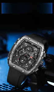 Macro shot of a tonneau quartz watch with a skeleton dial on a gaming controller background