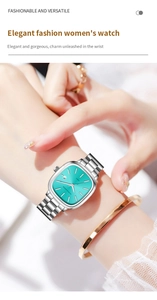 Close-up of Tiffany blue square watch with silver steel strap on a woman wrist