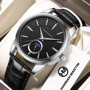 Hannah Martin Herren Quarz-Armbanduhr mit Lederarmband in einer beigen Geschenkbox