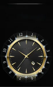 Detailed view of dodecagonal black and gold watch face with luminous hands and date