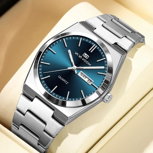 Montre à quartz business en acier inoxydable avec cadran bleu marine et affichage jour-date