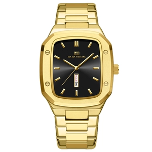 Men's luxury gold rectangle watch with black sunray dial and dual calendar display