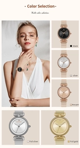 Detail of Hannah Martin women's watch with slim metal strap and minimalist round dial