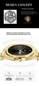 Detail of octagonal brushed stainless steel watch case and dual calendar display