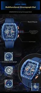 Detailed dial map of blue tonneau quartz watch with chronograph sub-dials and calendar function