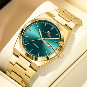 Montre homme quartz avec bracelet en acier doré et cadran vert à effet soleil brillant