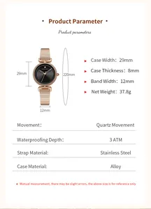 Detailed size chart for minimalist women's quartz watch with stainless steel mesh strap