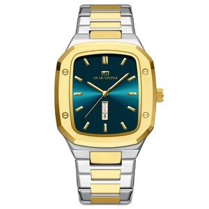 Luxury men's rectangle business watch with two-tone steel band and dark cyan dial face