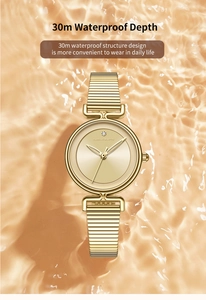 Detail showing 30m water resistance feature of women's gold quartz watch in rippling water