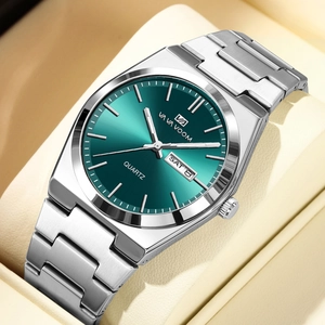 Montre à quartz pour hommes avec cadran vert soleil et bracelet en acier argenté