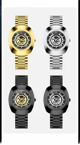 Macro detail of waterproof quartz watches with geometric steel cases and luminous dials