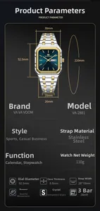 Détails montrant les spécifications et dimensions de cette montre de luxe en acier