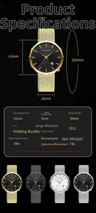 Detailed size specifications for men's stainless steel watch with mesh band and 41mm case