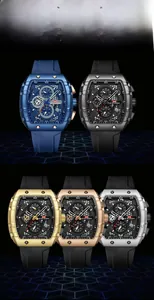Selection of five tonneau shaped quartz watches with multi-functional dials and rubber straps
