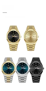 Detail showing various colors of men's business quartz watches with metal strap and calendar