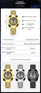 Detailed specifications of waterproof quartz watch with 40mm dial and stainless steel band