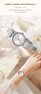 Close-up of minimalist Hannah Martin small round dial and unique metal woven watch band